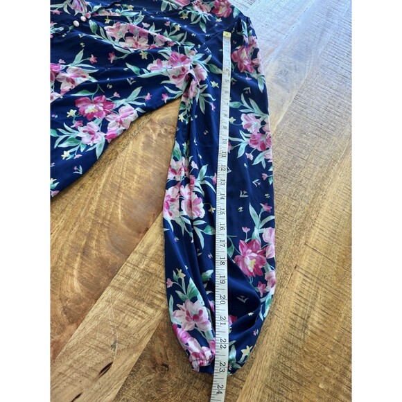 Prospect Women's Blue Pink Floral Blouse Henley V Neck Balloon Sleeve Sheer L - Picture 11 of 11